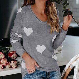Cute Love Heart Print Sweaters Oversized Off The Shoulder Loose Knitted Valentin